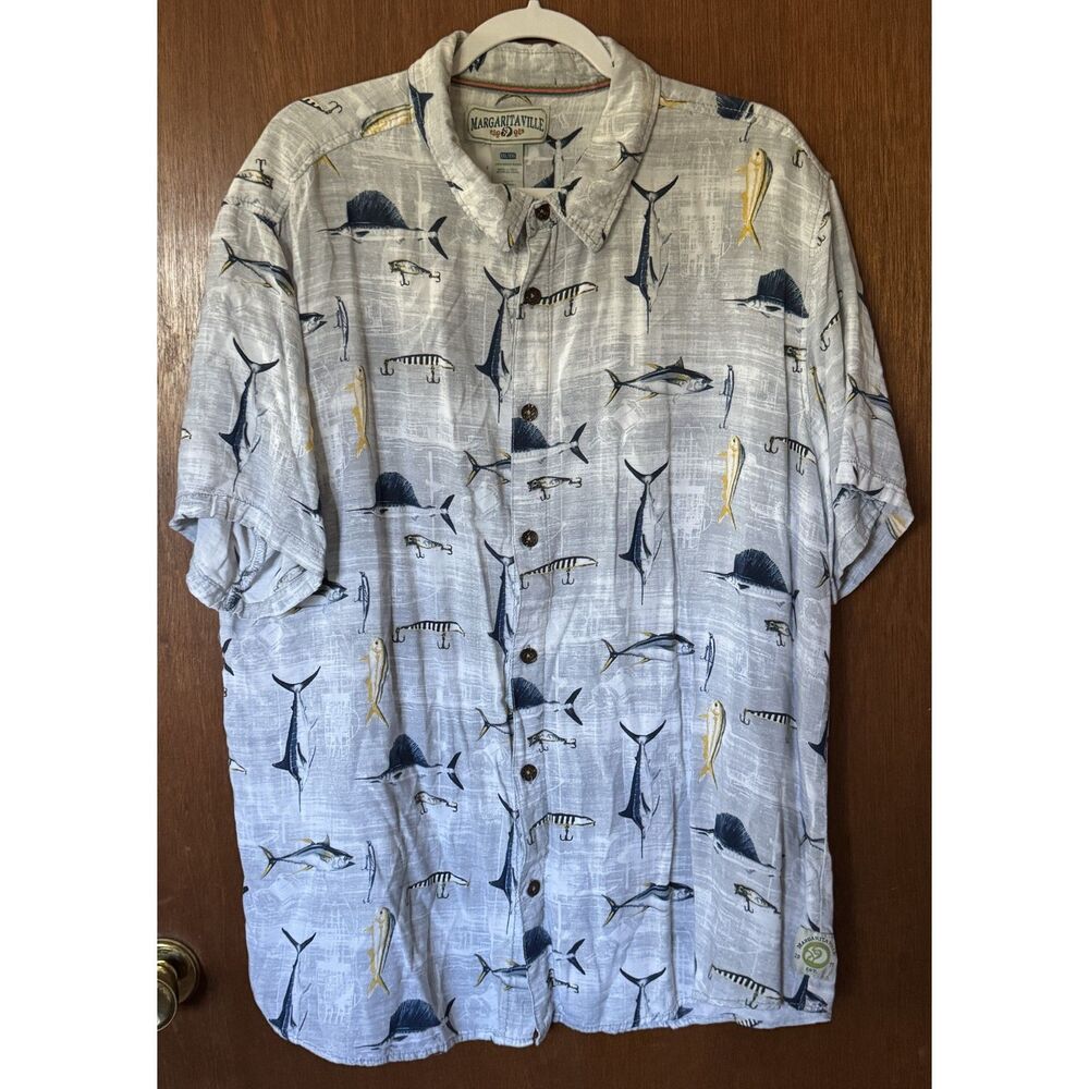 Margaritaville Men’s XXL Fishing Camp Shirt Rayon Button Up Fish Print Hawaiian